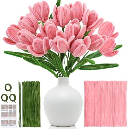 400stk Pfeifenreiniger Blumenstrauß, Pfeifenreiniger Blumen Set Pfeifenputzer zum Basteln mit 30cm Lang Pfeifenreiniger Rosa Grün, Pipe Cleaner Kreativ Set für Anfänger Diy Blumensträuße Art Crafting