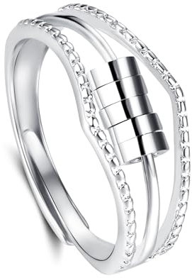 Estrellique 925 Sterling Silber Angst Fidget Ring, Silber Anxiety Rings, Offen Einstellbar Anti Stress Dekompressionsringe, 5 Kugeln Spinner Ring für Anxiety Damen Man Mädchen, Silber Anti-Angst-Ring
