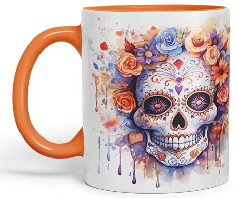 Vixar Sugar Skull and Roses Ceramic Coloured Mug Cup for Tea Coffee Hot Brew 330ml 11Oz Gift sk5 (Orange)