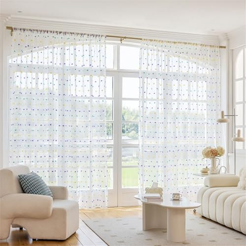 Odot Halbtransparente Vorhänge, Bunt Pom Poms Design Voile Vorhang Stangentasche Gardinen Vorhang Ösenvorhang 2 Stück Fensterschal Moderne Vorhänge Fenster für Wohnzimmer Balkon (132x160cm)