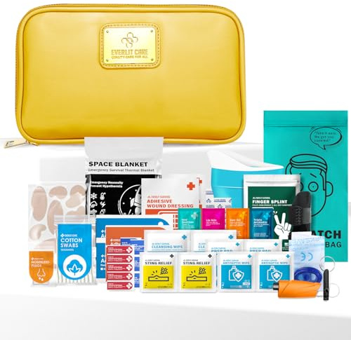 EVERLIT CARE Car First Aid Kit with Emergency Supplies Survival Gear Including Window Breaker Disposable Urine Bag Mountable Survival Kit for Family Travel in Car (Yellow)
