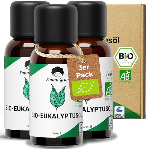 Emma Grün® Bio Eukalyptusöl Ätherisches Öl [100% Naturrein] - Ätherische Öle Naturrein - Eucalyptus Oil 3x 30ml - Zertifiziertes Lebensmittel zum Einnehmen - Bio-Öle aus Griechenland