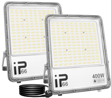 SKYWORLD 2Pcs 400W Strahler Außen, 40000LM LED Strahler mit Stecker, 6000K Kaltweiß Außenstrahler, IP66 Wasserdicht LED Fluter Scheinwerfer Flutlicht für Garten, Innenhöfe, Garage, Terrassen, Hof