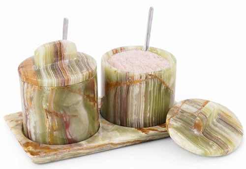 SPESHSTONES Salero de mármol con tapa y bandeja, caja de sal verde de 4 pulgadas para decoración de mesa de comedor, juego de 2 recipientes de condimentos, tarros de especias y azucarero con cuchara