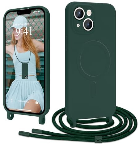Ethanger Handyband für iPhone 14 iPhone 13 Hülle mit Band [Kompatibel mit Magsafe] Flüssig Silikon Necklace Handyhülle Magnetische Schutzhülle zum Umhängen Kordel für iPhone 14/13 Grün