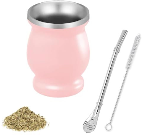 Juego de Taza de Calabaza de Acero Inoxidable, Tazas de té Mate, Juego de té de Acero Inoxidable, Tazas mate de 260ml (Rosa)