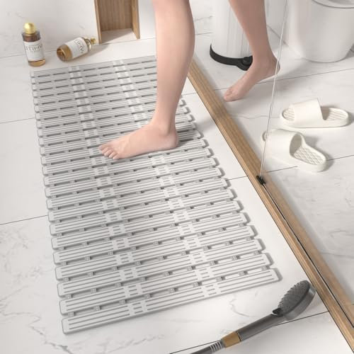 HITSLAM Shower Mat Non Slip Anti Mould, 90x40CM Bath Mat Non Slip for Tub, Quick Drain TPE Bathtub Mat with Suction Cups, Bathroom Accessories, Cut to Size, Light Grey