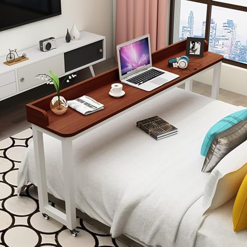 MESCXTY Overbed Table with 4 Wheels,Writing Computer Table Dining Table,Mobile Queen Size Bed Table with Metal Legs,Rolling Tray Table for Living Room(59x16x31inch, H)