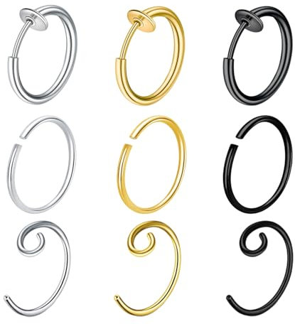 Besyvvin 9er Fake Nasenring Faux Nasenpiercing Ring Chirurgenstahl Fakes Nase Lippe Septum Piercing Clips Ring Silber Gold Schwarz