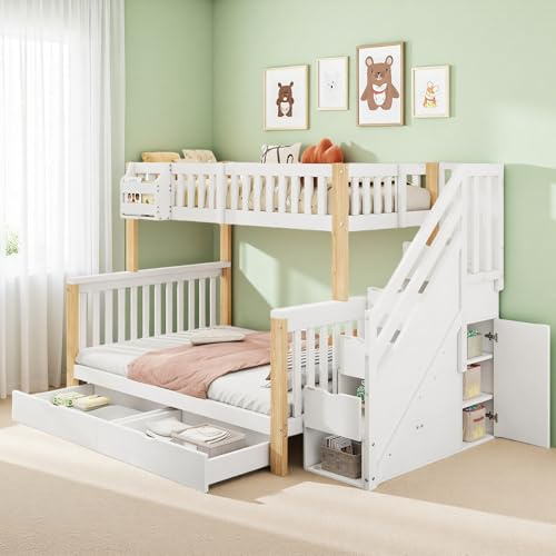 Seyakany Letto a castello per bambini, 90 x 200, letto a soppalco 2 posti, 140 x 200, letto per bambini con barriera, con cesto portaoggetti, con cassetto, con armadio per scale, con armadio, bianco +
