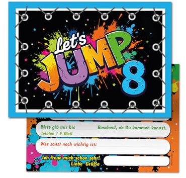 Junaversum 12 Einladungskarten zum 8. Kindergeburtstag Jump Party Mädchen Jungen Kinder coole bunte Einladungen achte Geburtstag Geburtstagseinladungen Kids