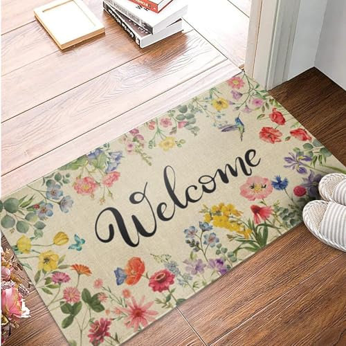 Gwezmxs Willkommens Fußmatte Blumenmuster, Home Plate Welcome Mat, Frühlings-Retro Bunt für Innen/Außen, 40x60cm