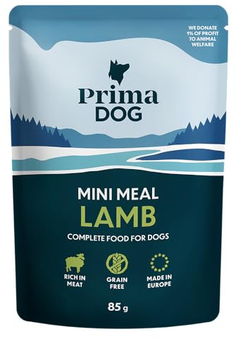 PrimaDog - Mini Meal Nassfutter für Hunde, Lamm in Soße, 24 x 85 g | Alleinfuttermittel, Lamm in saftiger Soße, hoher Fleischanteil, getreidefrei, ohne künstliche Aromen & Konservierungsstoffe