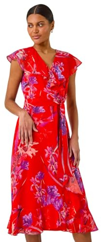 Roman Frill Dress for Women UK Ladies Summer Wrap Chiffon Frill Hem Layered Belted Midi Maxi Tiered Cape Special Occasion Fit & Flare Wedding Guest Swing Skater - Red Floral - Size 20