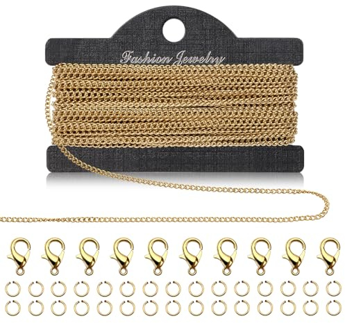 5m Gliederkette Gold, Edelstahl Schmuckkette zum Basteln, 2mm | Gliederkette Meterware Zubehör mit Ringen und Karabinerverschlüssen für Schmuck Diy Herstellung