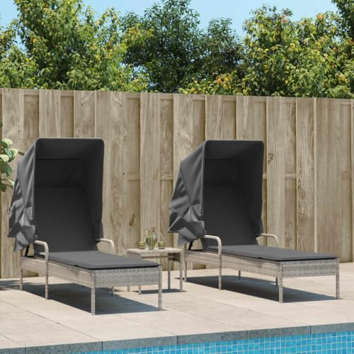 Snsowed Sonnenliegen 2 STK. mit Dach und Tisch Hellgrau Poly Rattan, Gartenliege, Liegestuhl, Sonnenstuhl, Sonneninsel Outdoor, Liegen, Gartenmöbel, Bäderliege, Relaxliege - 3261574