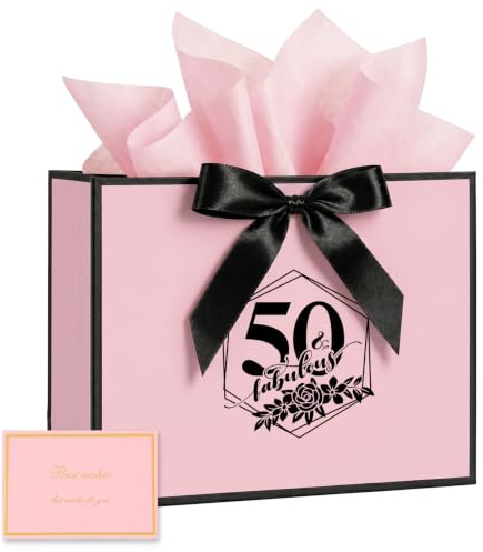50th Birthday Gift Bag, 50th Birthday Gifts for Women, Medium Bow Gifts Bag with Wrapping Paper and Card, Birthdays Supplies for Women Celebration Gift Bags (Pink)