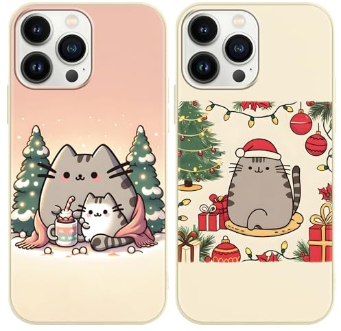 2 Stück Weihnachtshülle für iPhone 14 Pro Hülle 6.1 Zoll, Weihnachten Schutzhülle Cat Süß Cartoon Katze Muster Cute für Mädchen Junge Phone Case Christmas Handyhülle Stoßfest TPU Ultra Dünn