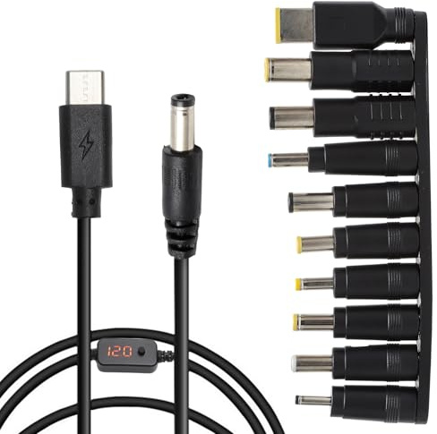 TNSLAND PD zu DC Adapterkabel mit 10 DC-Steckern und Tasche, 5V/9V/12V/15V/20V Einstellbare Spannung, Type C auf DC 5,5x2,1mm Stecker mit Digital Display, 1M Kabel für Laptop, Router, Monitor, Kamera