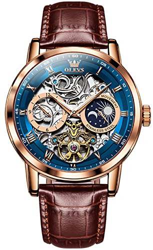 OLEVS Skeleton Montre mécanique Automatique pour Homme, en Cuir de Luxe étanche et Lumineuse