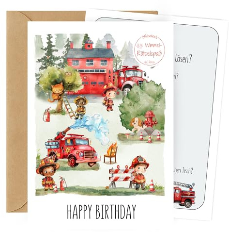 3Käsehoch Geburtstagskarte für Kinder Feuerwehr – Wimmel Geburtstagskarte mit Rätsel ab 3 Jahren inkl. Umschlag | Happy Birthday Karte Feuerwehr | Kindergeburtstag Jungen Mädchen Karte Geburtstag