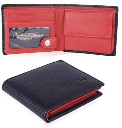 Hudson & James Designer Real Genuine Mens Leather Wallet Purse Gift Box (Carbon Black/Red)