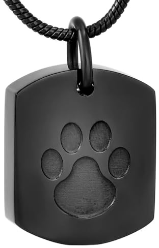 MYPOWER Schmuck zur Erinnerung an die Tierkremierung – Halskette aus Edelstahl mit Pfotenabdruck und Hundemarke als Erinnerungsanhänger für die Asche des verstorbenen Haustiers – schwarz