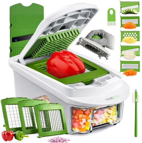 HOMITCH Vegetable Chopper,8 in 1 Veg Chopper and Dicer,Stainless Steel Blades,Onion Dicer,Julienne Cutter,Vegetable Slicer, Cheese Grater,Safety Glove,Multifunctional Vegetable Cutter-1.2L Container
