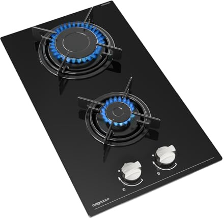 Magicplux Plaque de Gaz 2 Feuxs, Plaque de Cuisson Gaz 2 Feux Encastrable, Table de Cuisson Gazs 30cm, Gazs Ville et Bouteille, 4300W, Verre Noir