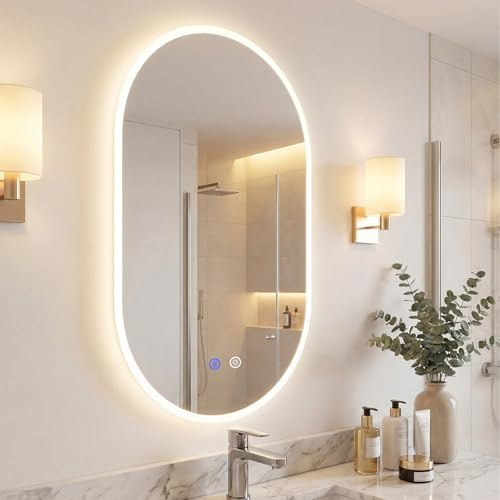 COSTWAY Bathroom Mirror with LED Lights, Oval Illuminated Backlit Wall Mounted Vanity Mirror with Anti-Fog, 3-Color Dimmable, Memory & Touch Switch, IP44 Tempered Glass Makeup Wall Mirrors (900x550mm)
