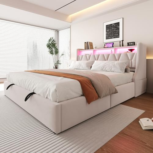 KOMHTOM Lit Coffre 180x200cm avec LED et Prises/USB - Lit Double Capitonné en Velours pour Adultes et ado, Tête de lit Rabattable, Sommier Relevable Hydraulique (sans Matelas) (Beige)