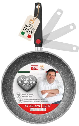 AKITAInk Padella Antiaderente Induzione Linea Cuore di Pietra 32 cm - Effetto Pietra, Manico Pieghevole Salvaspazio