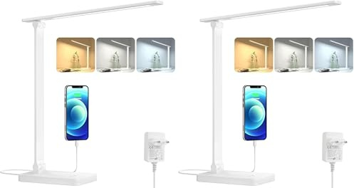 Lepro LED Schreibtischlampe 15W, Dimmbar Tischleuchte 655LM mit 3 Farbmodi & 5 Helligkeitsstufen, USB-Anschluss, Augenschutz Leselampe für Büro, Arbeitszimmer, Nachttisch & Lesen, Weiß (Packung mit 2)