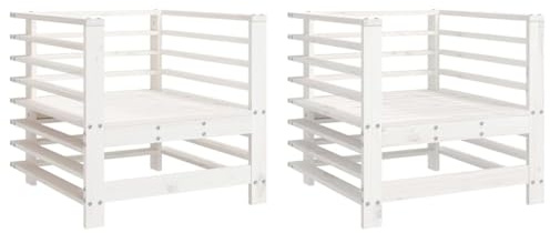 Yisssmeng 2er Set Gartenstuhl, Gartenmöbel aus massivem Kiefernholz, Lounge-Sessel mit Latten-Design für Terrasse und Balkon, Modularer Terrassenstuhl, Weiß, 63,5 x 63,5 x 60 cm