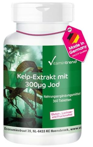Vitamintrend Extracto de Kelp con 300 mcg de yodo, 360 tabletas, alta dosis, complemento alimenticio vegano sin estearato de magnesio, fabricado en Alemania