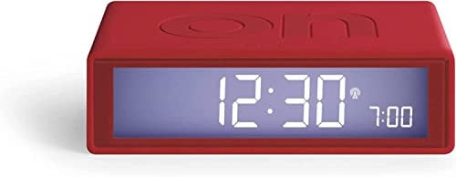 LEXON Flip+ Digital Alarm Clock for Bedrooms, Reversible On/Off Faces with Snooze function, LCD display & Touch Sensor Light, Radio Controlled & Battery Operated, Rubber - Red