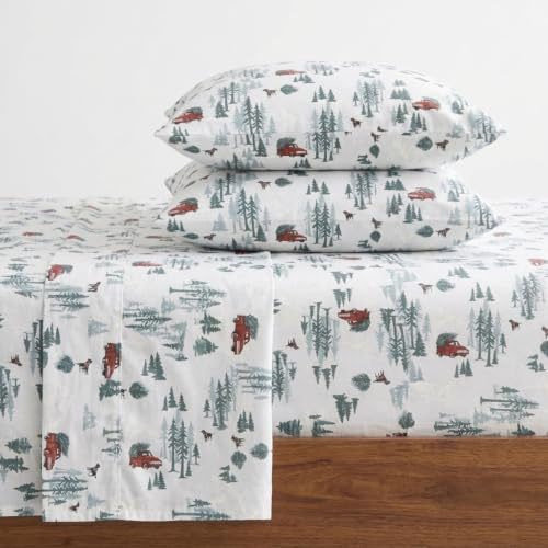 Eddie Bauer - Flannel Sheets Queen Size, Anti-Pilling & Wrinkle Resistant Cotton, Touchably Soft for All-Season Comfort - Bed Sheets with Matching Pillowcases & Fitted Sheet (Tree Farm Light Blue)