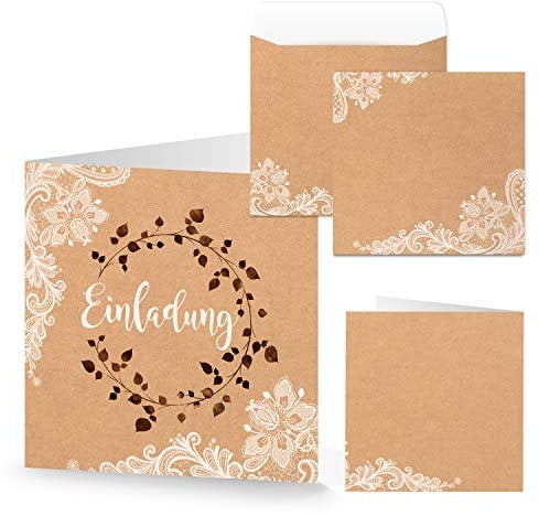 Logbuch-Verlag 10 Einladungskarten + Kuverts quadratisch Kraftpapier braun Spitze Boho Vintage Stil Einladung Karte Hochzeit Hochzeitseinladung