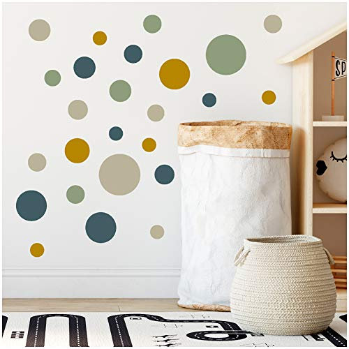 yabaduu 100 Klebepunkte Kreise Punkte Wandtattoo Kinderzimmer Schlafzimmer Babyzimmer Aufkleber Folie Deko Selbstklebend für Junge Mädchen Pastell (Y035-3 Blau-Grün-Senf-Beige)