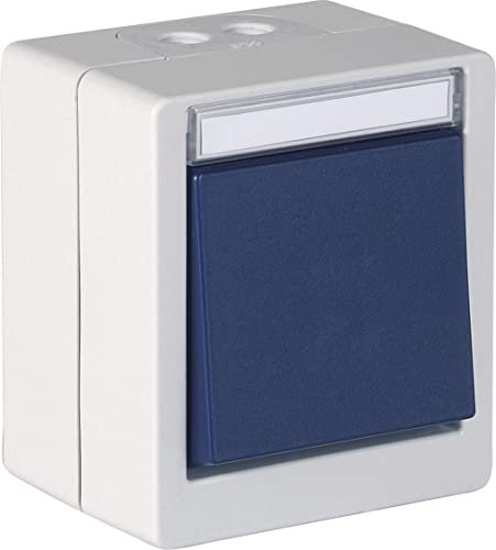 OPUS RESIST 3-fach Universalschalter Aus/Wechsel/Taster hellgrau stahlblau – IP55, Aufputz, 250V, 10A, schlagfestes 2-Komponenten-Gehäuse, Beschriftungsfeld