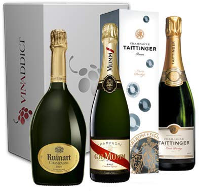 Vinaddict - Coffret Champagne Prestige4-3 Bouteilles 75Cl - R de Ruinart, Taittinger, Mumm Cordon Rouge.