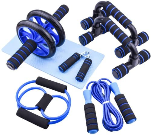 AERLANG 7-in-1 Bauchmuskel-Roller-Set mit 2 Liegestützstangen, Widerstandsband, Springseil, Handgriff und Knieschützer, Fitness-Workout zu Hause, Fitnessstudio, multifunktionale Sportgeräte,