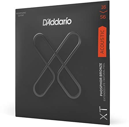 Cuerdas D'Addario para guitarra acústica, XT con revestimiento de bronce fosforado, XTAPB1656, calibre resofónico medio 16-56, juego de 6 cuerdas, paquete de 1