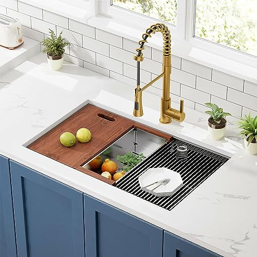 30-inch Undermount Workstation Sink - CELAENO Modern Stainless Steel Kitchen Sink 18 Gauge with Ledge, Handmade Single Bowl Kitchen Sinks is Equipped with Various Accessories