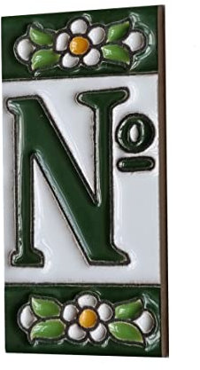 Hausnummern und Buchstaben aus Keramik, grünes Blumenmuster, Fliesengröße: 7,5 cm x 3,5 cm, 2 bis 10 Fliesenrahmen (Nummernschild)