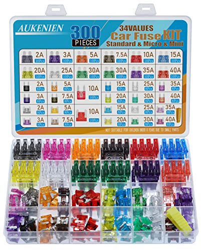 AUKENIEN Car Fuses Kit 33 Values 300pcs Standard Mini Micro Blade Fuse 2A 3A 5A 7.5A 10A 15A 20A 25A 30A 35A 40A Auto Motorcycle Automotive Fuses Assorted With 1pc Fuse Clip
