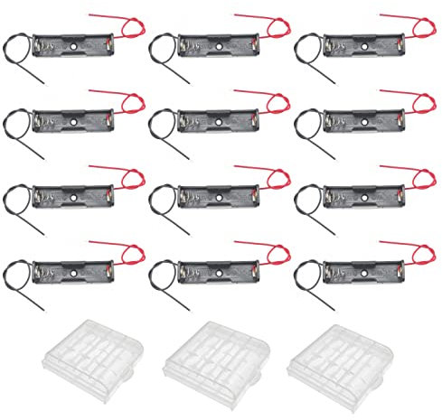 JZK 12PCS Single AA Battery Holder with Wire Leads, plastic AA cell battery holder case with leads, 1.5V AA Battery Holder Box, plus 3 Cell Battery Storage Case