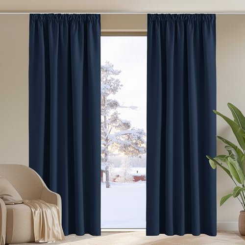 PONY DANCE Verdunklungsvorhänge Kräuselband 2er Set Schlafzimmer Vorhänge Dunkelblau H 245 x B 140 cm Abdunkelnde Gardinen für Schienensystem Thermal Curtains for Living Room