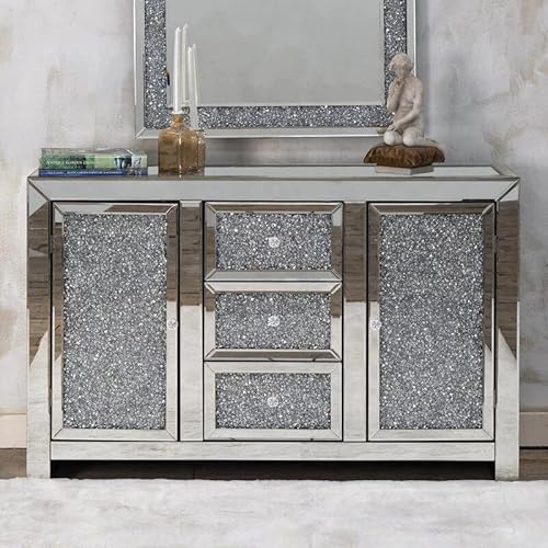 Tarlee Large Crushed Diamond Mirrored Sideboard Storage Cabinet