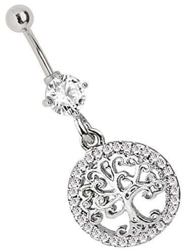 Piercing nombril banane en 1,6 mm avec pierre de 6 mm et arbre de vie, Acier allié